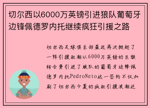 切尔西以6000万英镑引进狼队葡萄牙边锋佩德罗内托继续疯狂引援之路 切尔西以6000万英镑引进狼队葡萄牙边锋佩德罗内托继续疯狂引援之路