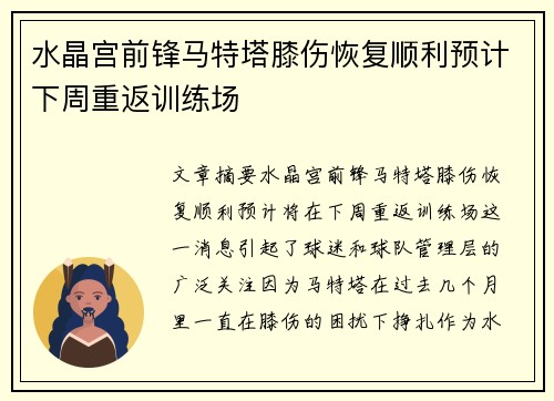 水晶宫前锋马特塔膝伤恢复顺利预计下周重返训练场 水晶宫前锋马特塔膝伤恢复顺利预计下周重返训练场