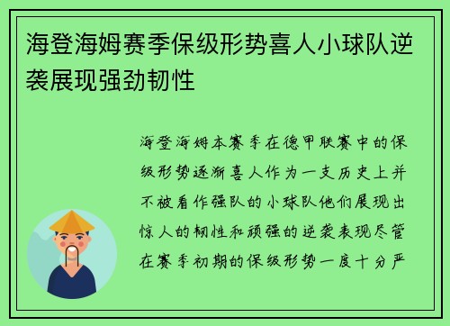 海登海姆赛季保级形势喜人小球队逆袭展现强劲韧性 海登海姆赛季保级形势喜人小球队逆袭展现强劲韧性